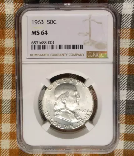 1963 NGC MS 64 Silver Franklin Half Dollar Coin, MS 64 Silver 50-Cent Coin