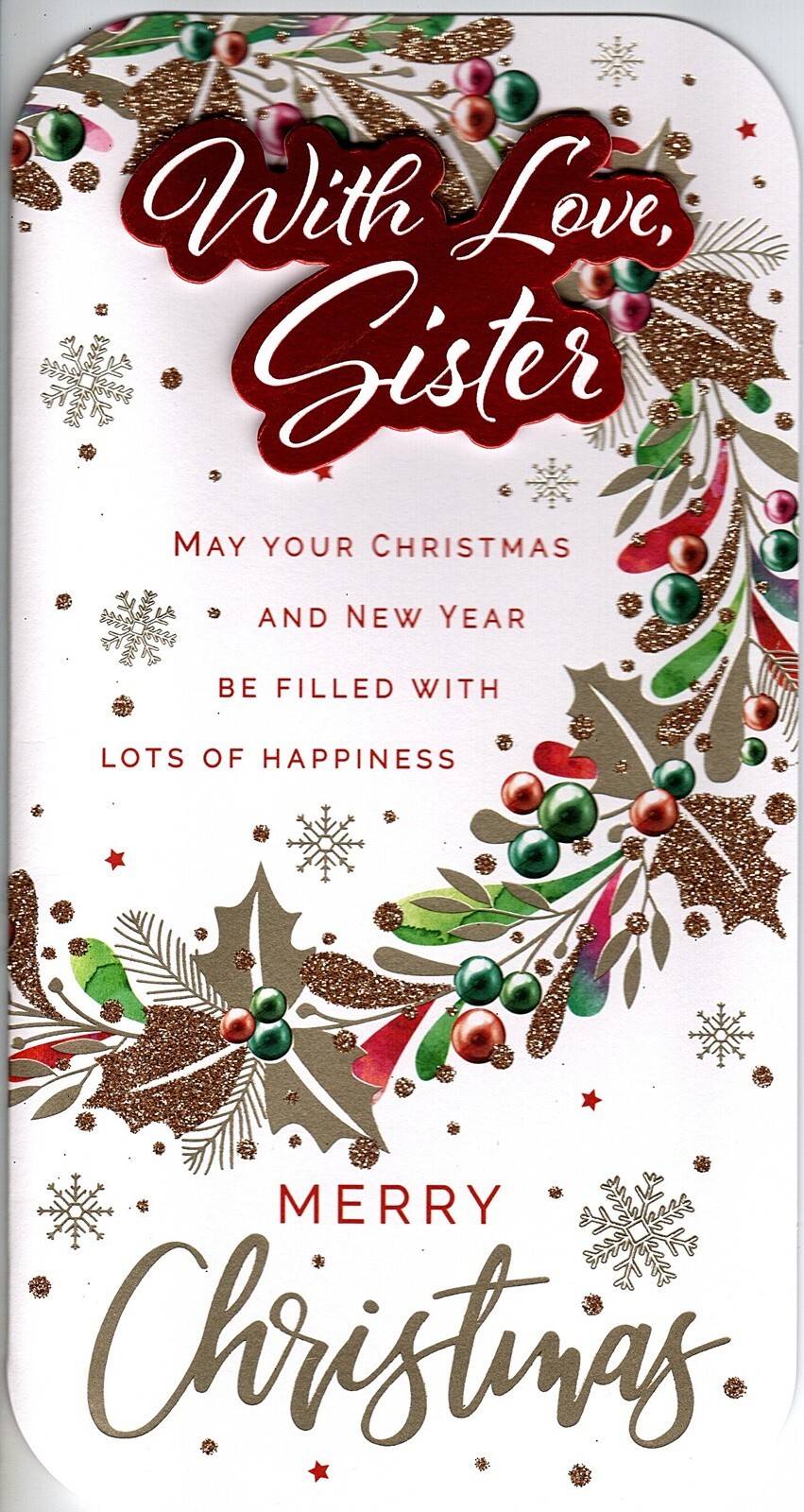 Christmas Card With Love Sister Gold Glitter Holly Wreath Gold Foil Red Foil