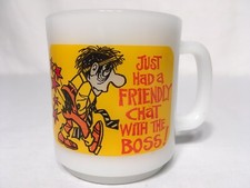 VTG 1980 GLASBAKE COFFEE MUG CUP JUST HAD A FRIENDLY CHAT WITH THE BOSS USA MADE
