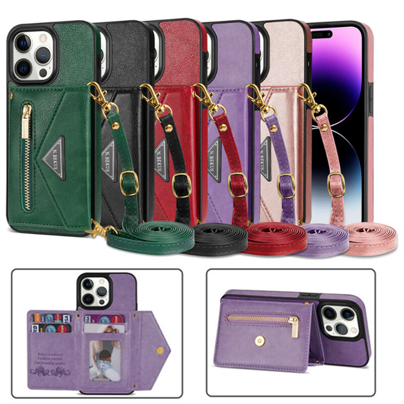 Crossbody Leather Wallet Case For iPhone 16 15 14 13 12 Pro XS Max