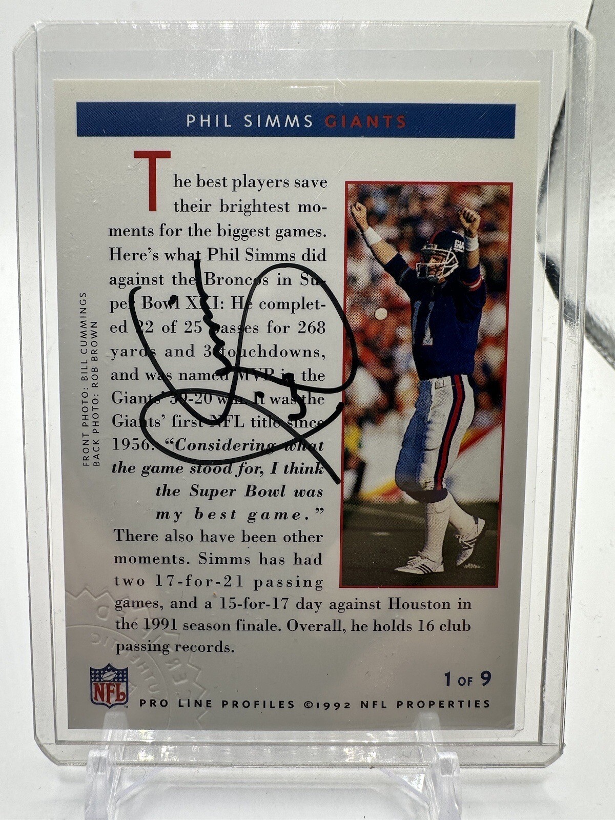 1992 Pro Line Profiles Auto Phil Simms (1 of 9) Auto
