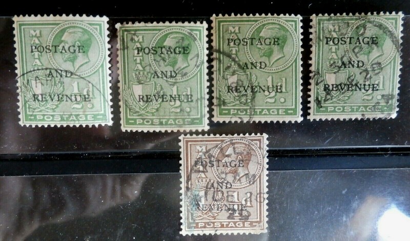 MALTA Lot of 5 Postage & Revenue Overprint Stamps, 1/4d & 1/2d, Used
