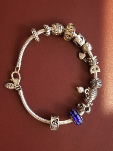 STERLING 925 QG BRACELET &  14 Murano glass & silver  CHARMS - 8.5 inch