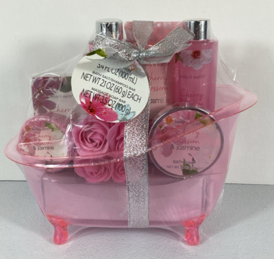 Body &Earth 8 Pcs Spa Gift Basket Cherry / Blossom & Jasmine Bath Beauty Sealed