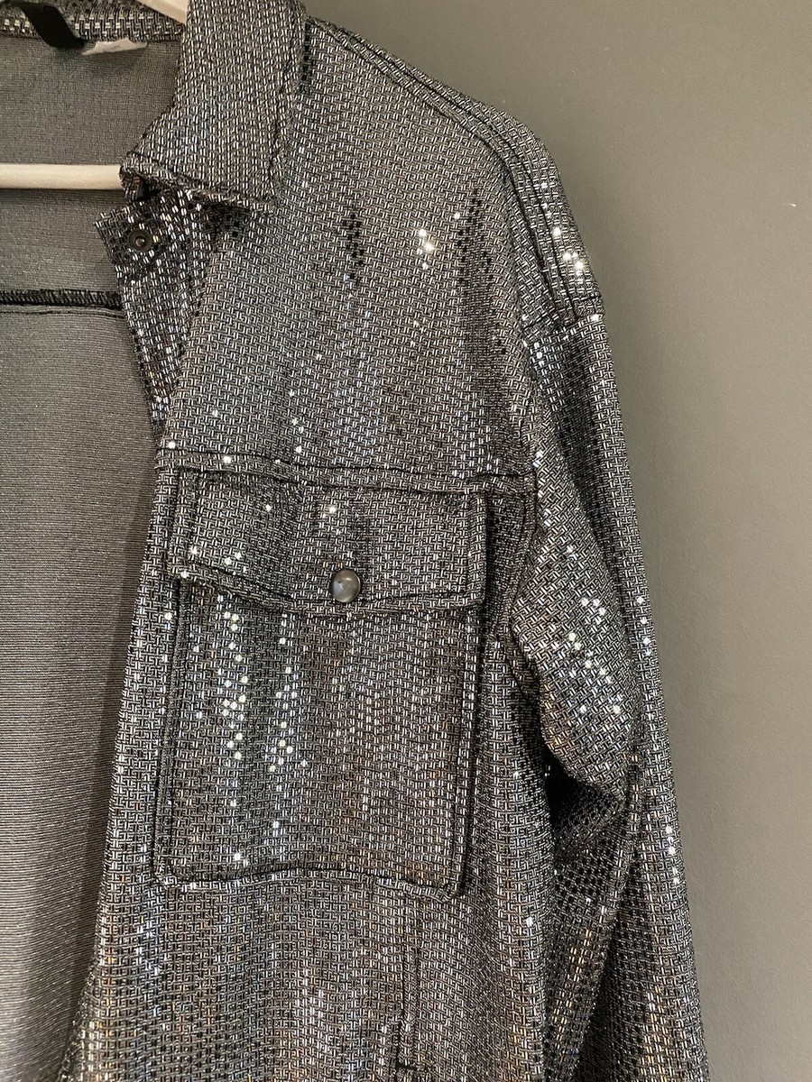 H&M Party Silver Grey Sequin Oversized Shirt Blazer Size S UK