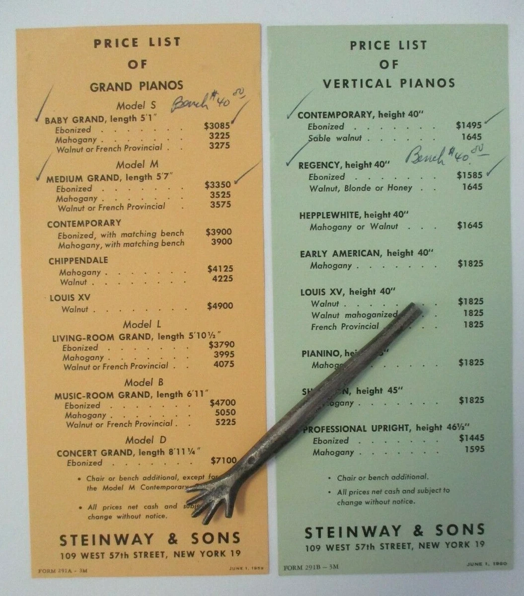 Lot of 2 STEINWAY SONS Price Lists 1959 Grand Pianos and 1960