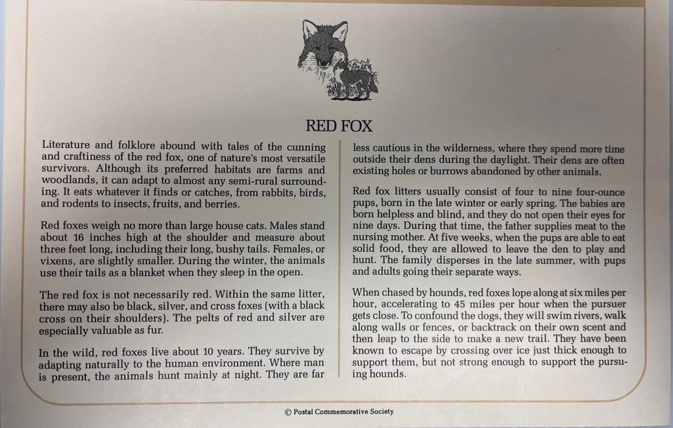 American Wildlife Mail Cover FDC & Info Sheet Red Fox 1987 - Image 3 of 3