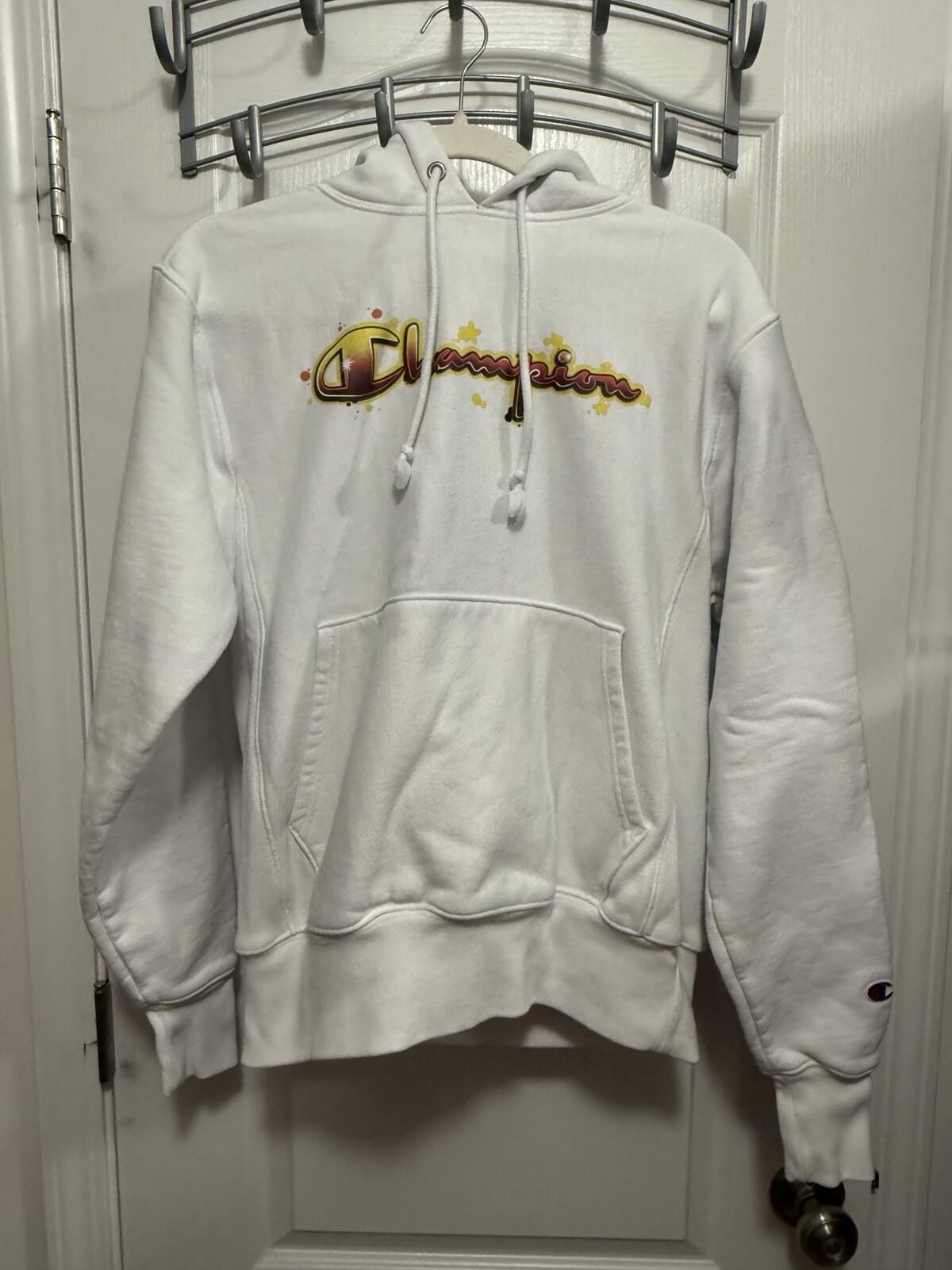 Champion Mens S Reverse Weave Hoodie Sweatshirt White Heavyweight Logo Unique