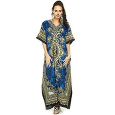 Women Maxi Kaftan Polyester Dress Beach Holiday Free Size Night Dress Teal Blue