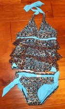 Justice 2 Piece Tankini Swimsuit Swim Suit Cheetah Teal  Brown Girls Size 6