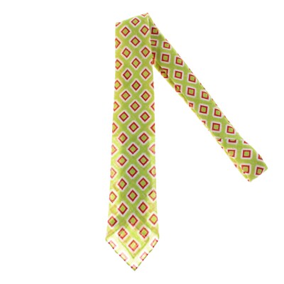 Kiton NWOT 100% Linen Seven Fold Neck Tie in Lime Green w Red/White Squares