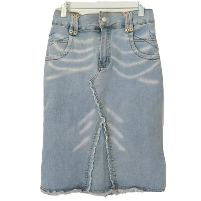 Y2k 90s denim denim midi light washed off skirt Back Slit fur trim