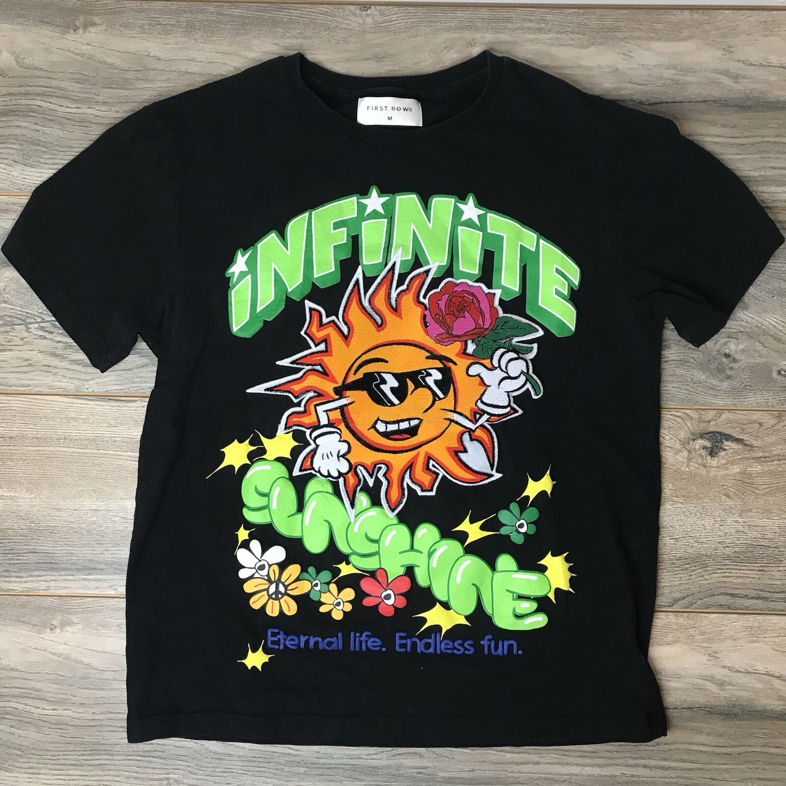 T shirt nera prima fila Soul Shine stampa all over adulto taglia M manica corta girocollo