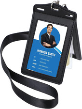 Trifold Leather Badge Holder with Lanyard - 3 Card Slots ID Holder