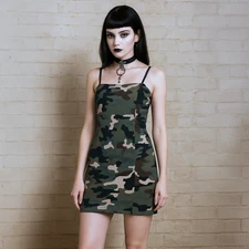 Dolls Kill Camo Dress Womens M Army Green Mini Cyber Poster Grl Girl Punk Rave
