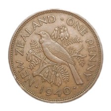 1940 New Zealand Large Penny XF Coin King George VI WWII Era KM 13 Bird Thematic