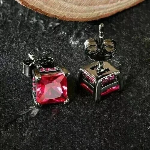 4Ct Princess Cut Lab Created Red Ruby Diamond Stud Earring 14K Black Gold Plated - Image 2 of 4