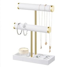 2 Tier Bracelet Holder Display - Detachable T Bar Velvet Bracelet Holder, White