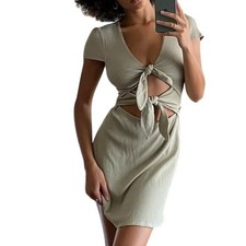 Eggie Women's Olive Green Ribbed Tie Front Cutout Mini Dress XL Extra Large