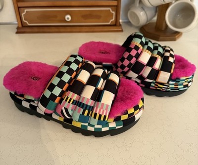 UGG Maxi Slide Colorful Checks Hot Pink Plush Real Fur Slip-on Slippers Sandals