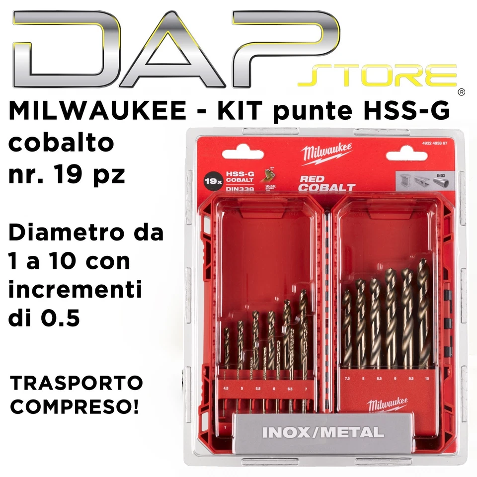 MILWAUKEE - Set punte HSS-G al cobalto - 19 pz di diametro vario da 1 a 10mm