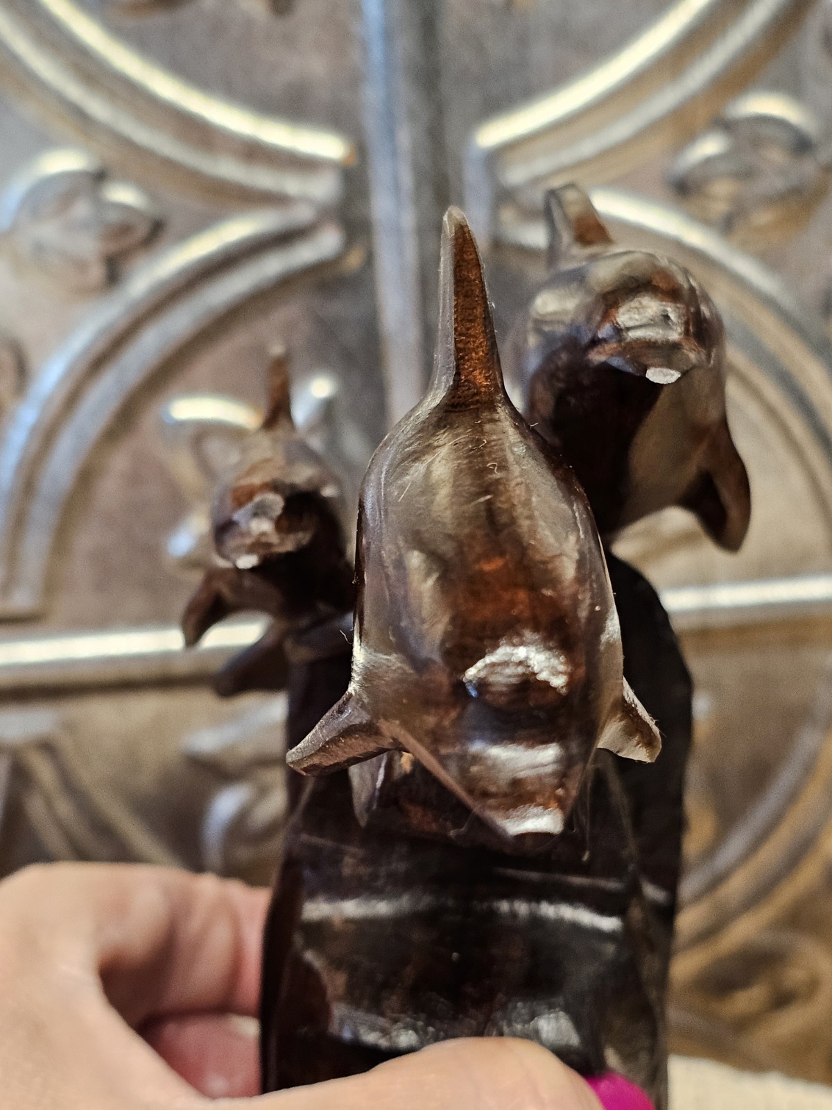 Trio Of Dolfins Riding A Wave, Ironwood Statue