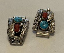 Native American Signed JB Vintage  STERLING Turquoise Coral Feathers WATCH TIPS