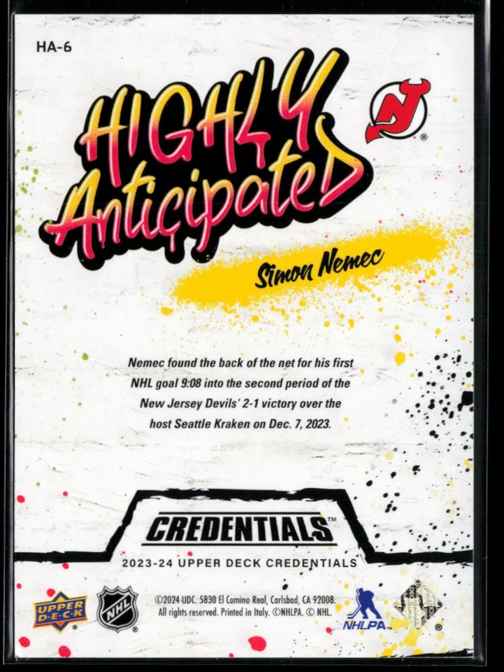 2023-24 Upper Deck Credentials Highly Anticipated #HA-6 Simon Nemec RC - Image 2 of 2
