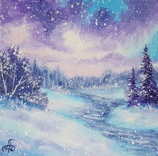 Original Winter Plain Oil Painting Snowfall Morning Path Blue Purple Landscape