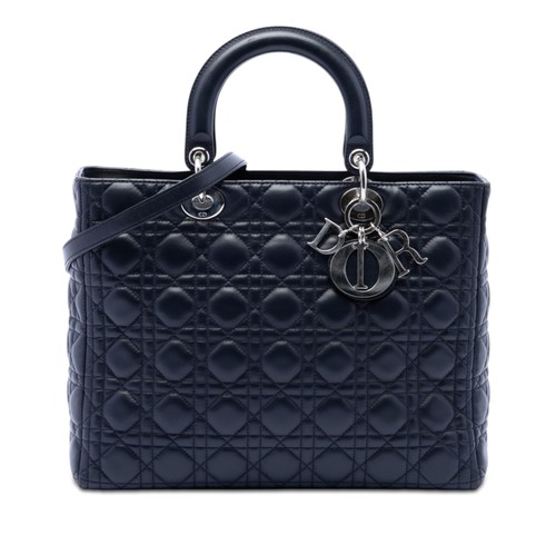 Dior Large Lambskin Cannage Lady Pre-Loved Satchel Navy