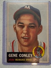 Topps 1953 Gene Conley #215 Rookie Milwaukee Braves MLB Baseball Card (RC). rookie card picture