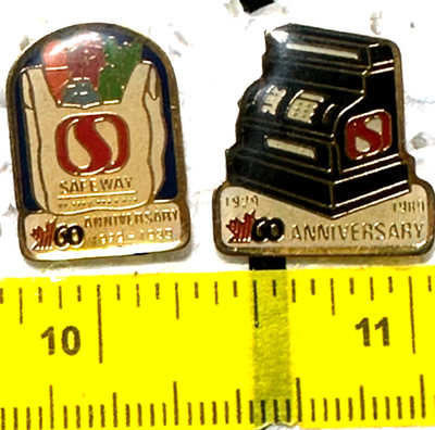 Safeway 60th Anniversary Pair 1986 Map 'S' Red Maple Leaf Lapel Tack Pin