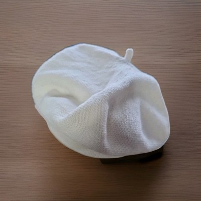 Baskenmütze Baver 11 Damen Vintage 100% Baumwolle Strick Muster Creme one size