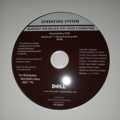 Dell Windows 7  Home Premium SP1 32-Bit Reinstallation DVD
