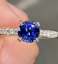 Unheated 2Ctw Vivid Round Blue Sapphire &Moissanite Ring 925 Silver Wedding ring