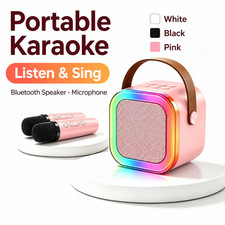 Mini Karaoke Machine for Kids Bluetooth Speaker 2 Wireless Mics LED Lights