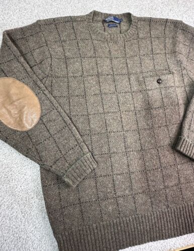 Vintage Polo Ralph Lauren Men’s XL Wool Knit Plaid Sweater Leather Elbow Patches - Picture 2 of 9