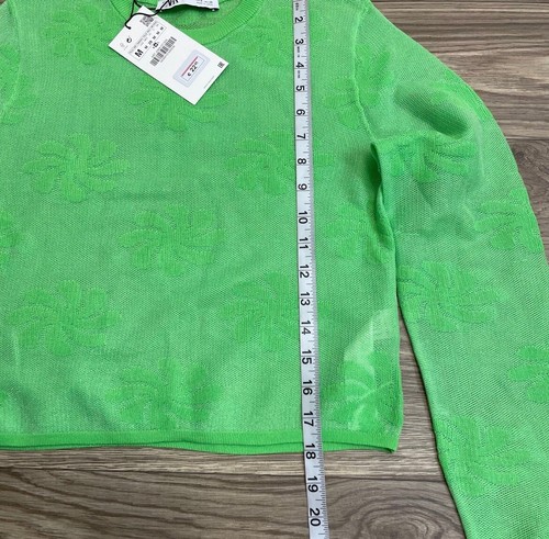 Zara Lime Green Metallic Floral Crop Mesh Long Sleeve Top sz M Bright & Colorful - Picture 8 of 10