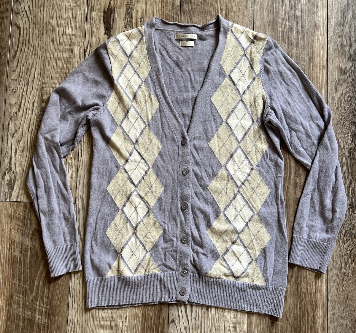 Vintage Van Heusen Women s Argyle Diamond Cardigan Knit Sweater Jacket Sz M