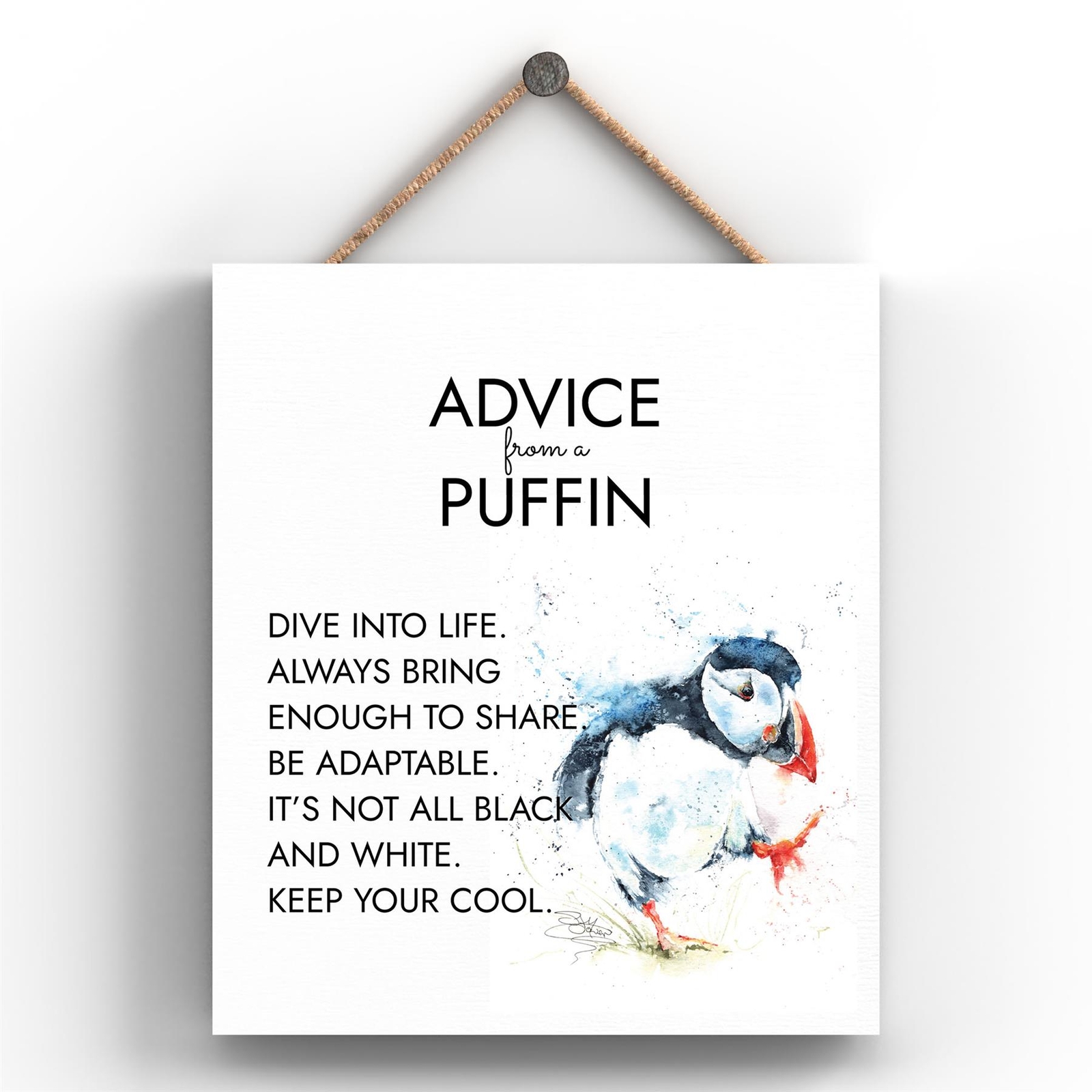 ADVICE FROM A PUFFIN SANDI MOWER WATERCOLOUR ARTWORK WOODEN HANGING PLAQUE
