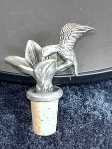 Vintage Wine Bottle Natural Cork Stopper Metal Flower humming bird pewter