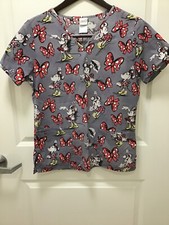 Disney Women's All Over Minnie Mouse Bows S/S Pockets Medical Scrub Top Small
