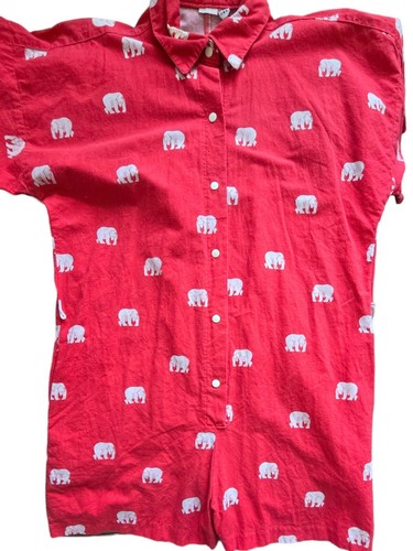 Vintage Women Boxy Romper Playsuit Red Cotton With Bears Print USA 60's 70's S/M - Picture 5 of 21