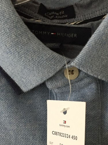 HILFIGER Applique Spell Out Mens L Blues Custom Fit Polo S/S Shirt A/A 22.5" NWT - Picture 4 of 9