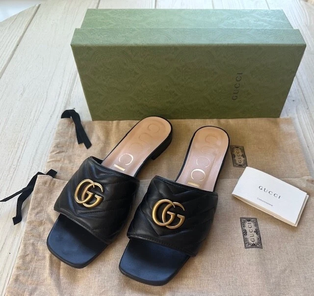 CHAUSSURES SANDALES FEMME GUCCI DOUBLE G NOIR CHEVRON MATELESE CUIR   POINTURE 9 