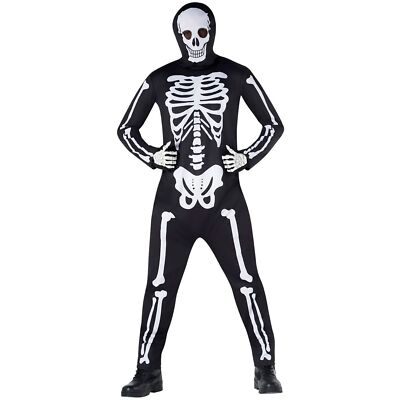 Adult Skeleton Jumpsuit Costume M - XXL Mens Scary Halloween Hooded Bodysuit