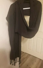 Women (Unisex) black fringe ends classic long knit scarf, worn one time