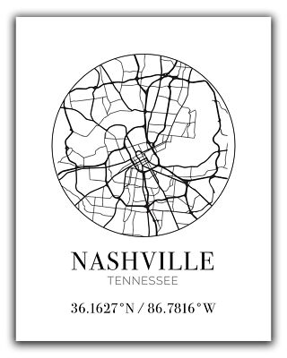 Nashville Tn City Street Map Wall Art 11x14 Modern Abstract Black & White Aerial