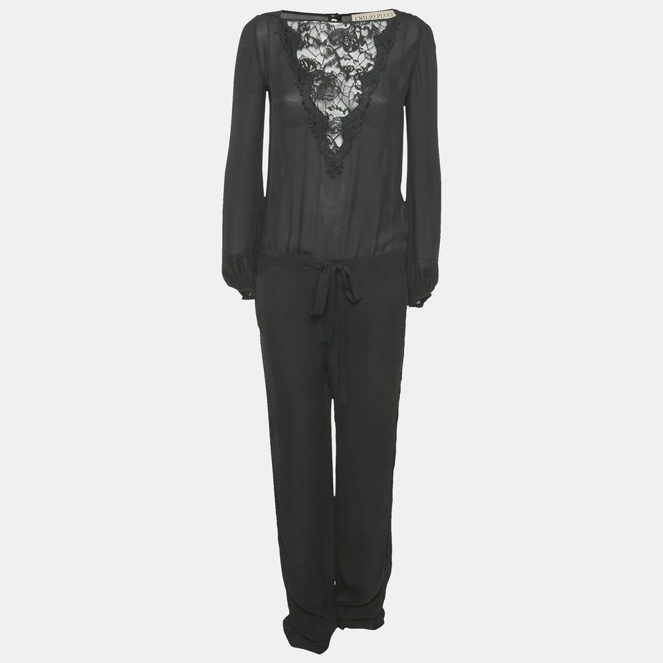 Emilio Pucci Black Lace Trim Silk Jumpsuit S