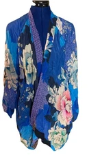 Johnny Was Dolce Red Floral Embroidered Boho Pockets Open Front Kimono Large